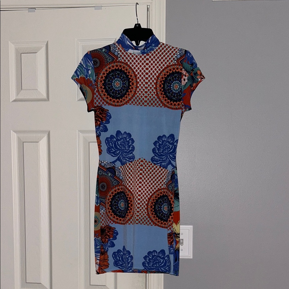 Fashion Nova Blue and Orange Floral Mini Dress